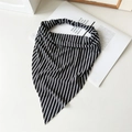Detail of fabric triangle headscarf featuring a black and white zigzag pattern and elastic band - Black Wave