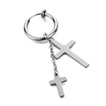 Punk style cross dangle hoop earring with silver finish and layered chain drop - Silver Double Cross Ear Clip (Single Piece)
