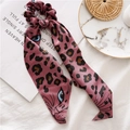 Pink leopard print scrunchie scarf featuring a cat face design and silky smooth fabric - Pink Leopard