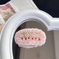 Pink knitted hair clip with red cherry embroidery detail on a white heart mirror - 10-Pink Cherry