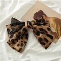 Elegant leopard print satin bow hair clip on a white textured background - Dark Brown Leopard