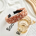 Cross-knotted floral embroidered wide headband in coral orange with white flower patterns - Hollow Cloth Knotted Style / Orange with White Flowers