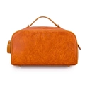 Portable orange-brown PU leather toiletry bag with top handle and secure zipper closure - Yellow