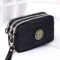 Three-zipper black washed denim makeup and phone clutch with detachable wrist strap - Medium / Black