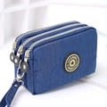 Blue washed denim nylon triple zipper clutch bag with wristlet for women and mobile phone - Medium / Navy Blue