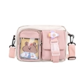 Elegante bolso bandolera de lona rosa y beige con ventana transparente y parche de oso - Contraste Blanco y Rosa