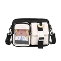 Bolso bandolera de lona negra estilo japonés con bolsillos blancos y oso - Negro