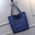 Deep blue denim tote bag with large front pocket and double stitching details - Style 2 Dark Blue