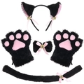 Set cosplay da gatto nero e rosa con cerchietto orecchie, guanti a zampa e coda in peluche - Set da 5 pezzi / Nero