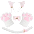Set cosplay da gatto in peluche bianco e rosa con orecchie, zampe e coda con campanellini - Set da 5 pezzi / Bianco
