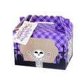 Detailed view of purple plaid Halloween paper gift box with clear window and skull detail - Purple (Skeleton)