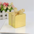 Square gold candy gift box with reflective mirror finish and matching ribbon bow decoration - Gold + Ribbon