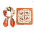 Elegant orange silk square scarf featuring vintage equestrian buckle and chain print - Orange-edged Gemstone Scarf / 65