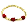 Bracelet perles dorées minimaliste orné de trois breloques cœurs en émail rouge - Rouge