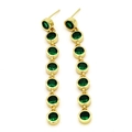 Detailed view of long gold drop earrings with seven round green zircon stones in a vertical row - Round Shape Green (c2绿色)
