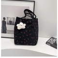 Black corduroy bucket bag with red strawberry pattern and plush star keychain accessory - Black with Pendant