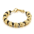 Men's lava stone beaded bracelet with golden skull charms and lobster clasp - Gold Skull with Black Lava Stone (KB135969-Z)
