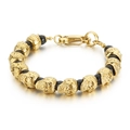 Punk style men's bracelet with golden skull charms and polished black lava stone beads - Gold Skull with Matte Black Onyx Bead (KB135976-Z)