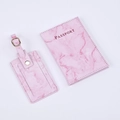 Pink marble textured PU leather passport holder and luggage tag set on white background - Pink