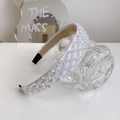 Handmade white crystal beaded headband with vintage woven fabric and rhinstone grid pattern - White
