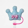 Blue rhinestone crown straw topper with pink bow and silicone ring for 10mm straws - Blue Glitter Bow Crown