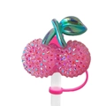 Pink glitter cherry straw topper for Stanley cup with green leaves and silicone ring - Pink-Green Iridescent Cherry