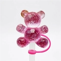 Pink glitter resin bear straw topper with 10mm silicone ring for Stanley cups - Pink Faceted Bear