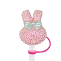 Pink rhinestone rabbit straw cover topper with blue holographic bow for 10mm straws - Pink Rhinestone Rabbit