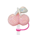 Pink cherry straw cover with sparkling rhinestones and silicone loop for 10mm straws - Pink Iridescent Gem Cherry