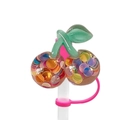 Sparkly cherry resin straw cover with pink silicone ring for 10mm drinking straws - Clear Glitter Cherry