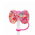 Pink bow straw cover with colorful glitter stars for 10mm Stanley cup accessories - Pink Star Confetti Bowknot
