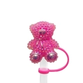 Pink teddy bear straw cover with sparkling rhinestones and golden bow for 10mm straws - Pink Rhinestone Bear