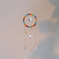 Rainbow crystal suncatcher with golden ring, colorful beads, and faceted glass ball pendant - Round Style (KA3) / 45cm