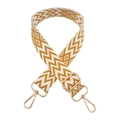 Close-up of yellow-brown wave and diamond pattern fabric strap with gold metal hooks - A29 Dark Yellow White