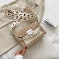 Beige tweed crossbody bag with white acrylic chain and daisy print wide strap - White