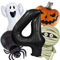 Detail of Halloween ghost, pumpkin, and mummy foil balloons with number 4 decoration - Halloween Number 4 Set