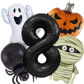 Detailed flat lay of Halloween foil balloons including ghost, pumpkin and mummy shapes - Halloween Number 8 Set