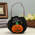 Halloween pumpkin candy bag with black plush fabric and Happy Halloween embroidery - Striped Button Pumpkin