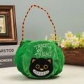 Halloween black cat candy bag with embroidery and green velvet pumpkin shape - Striped Button Green Cat