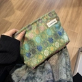 Green vintage brocade storage bag with floral embroidery and drawstring closure - Lotus