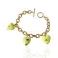 Close-up of gold chunky chain bracelet with three yellow Murano glass heart pendants - Bracelet / Yellow