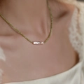 Olive green zircon beads and baroque freshwater pearl necklace worn on collarbone - Necklace / Olive Green / Freshwater Pearl