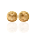 Detail view of golden spherical stud earrings with textured mesh woven pattern and reflection - Earrings / Gold