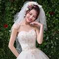 Close-up of white bridal veil with pearls, ribbon bow and detailed gold embroidery - White 4-Layer Pearl Style 80CM