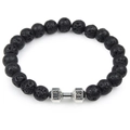 Black lava rock beaded dumbbell bracelet with silver live lift charms for men and women - Lava Stone Silver