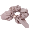 Pink satin rabbit ear hair scrunchie with elegant rose gold metal ring accessory - Khaki