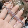 Detailed close-up of pink square crystal and star-shaped zircon bracelet in 18K gold finish - Pink Zirconia Square Star Alternate Style (0039)