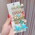 8-piece hair clip set featuring green and blue floral, star, and pearl designs on card - 6pcs Set-Fresh Green Style