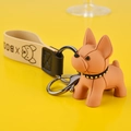 Brown French Bulldog keychain with beige leather strap and gun-black metal hardware - Gold Foil Stamping: Brown