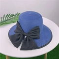 Blue straw sun hat with large black bow and ribbon trim edge on white table - Adjustable M (56-58cm) / Navy Blue